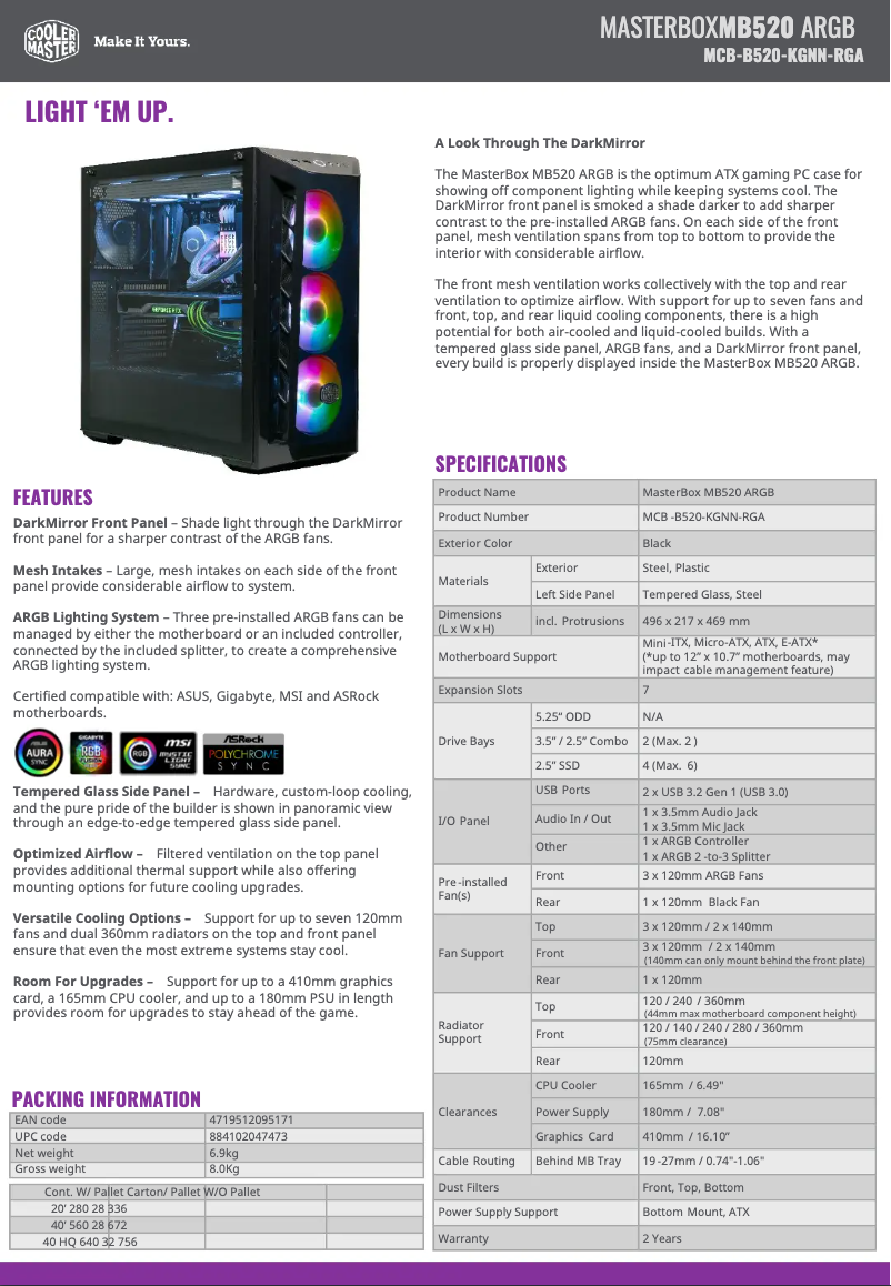 Page n°1 - Fiche technique Cooler Master MasterBox MB520 ARGB
