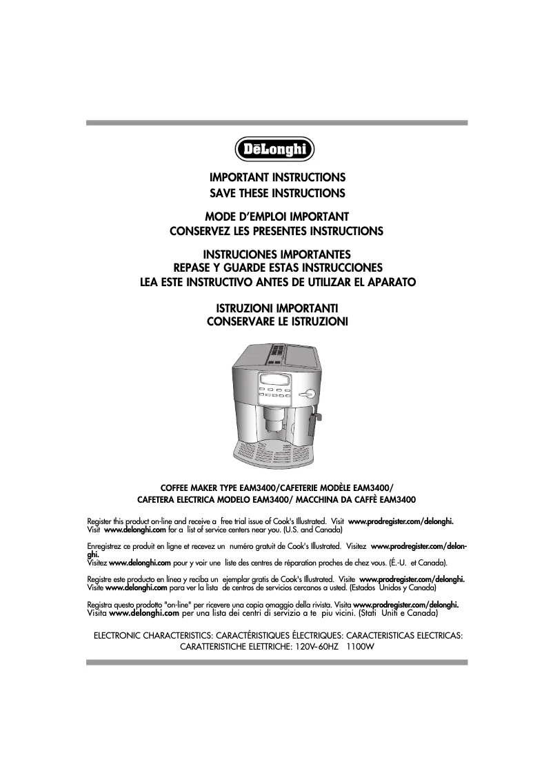 Page 1 de la notice Manuel utilisateur DeLonghi Magnifica ESAM 3400