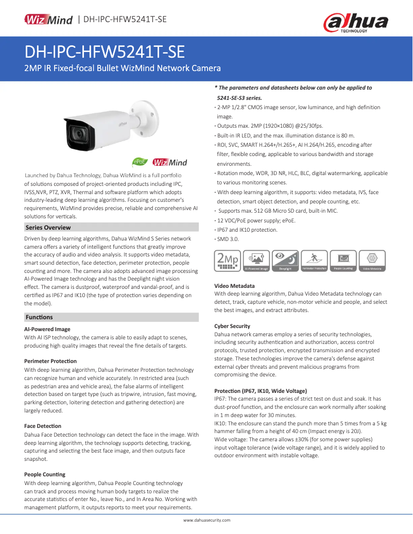Page 1 de la notice Fiche technique Dahua Technology IPC-HFW5241T-SE