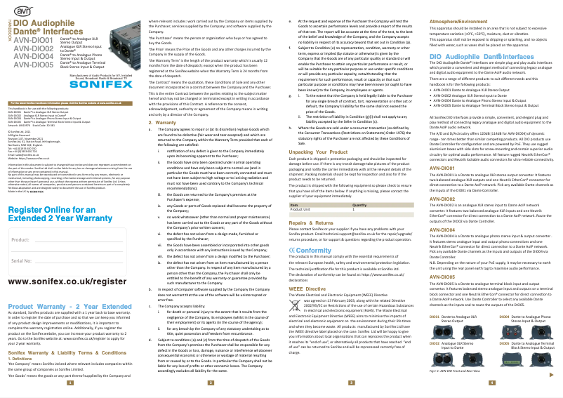 Page n°1 - Manuel utilisateur Sonifex AVN-DIO01