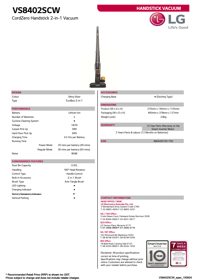 Page 1 de la notice Fiche technique LG VS8402SCW