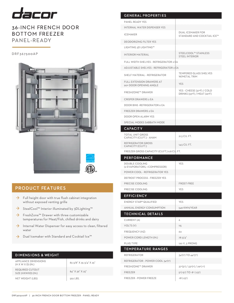 Page 1 de la notice Fiche technique Dacor DRF367500AP