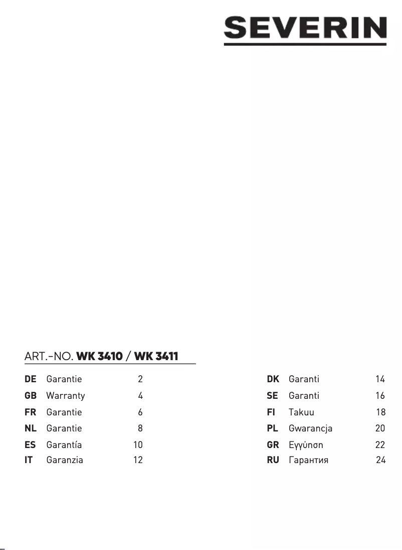 Page n°1 - Informations de garantie Severin WK 3411