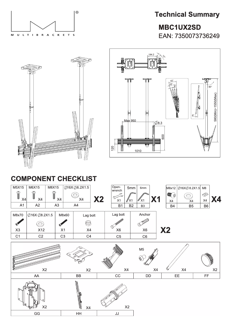Page 1 de la notice Manuel utilisateur Multibrackets M Ceiling Mount Pro MBC1UX2SD