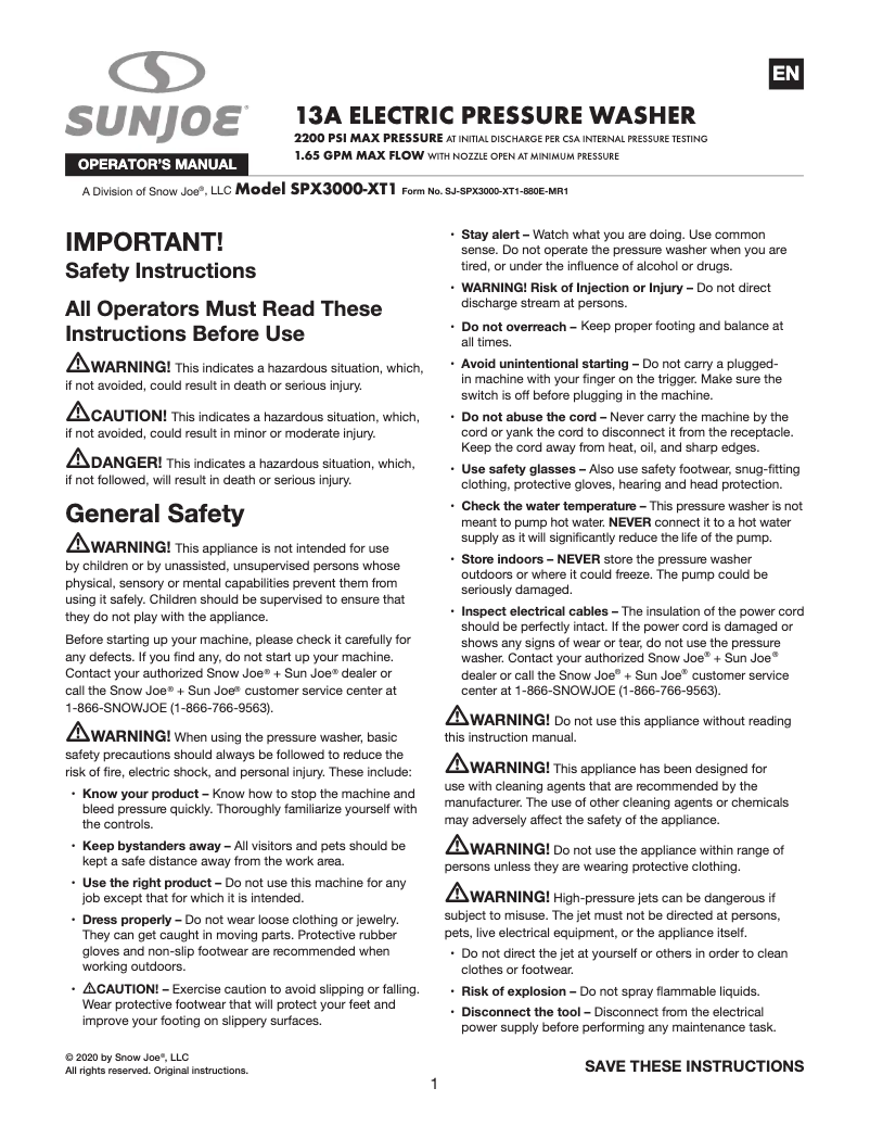 Page 1 de la notice Manuel utilisateur Sun Joe SPX3000-XT1-BV3