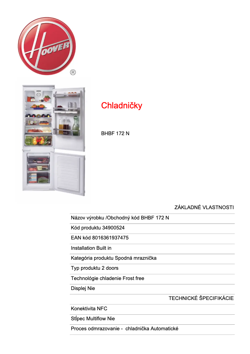 Page n°1 - Fiche technique Hoover H-FRIDGE 500 BHBF 172 N