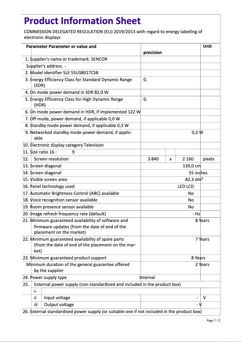 Page n°1 - Fiche technique Sencor SLE 55US801TCSB