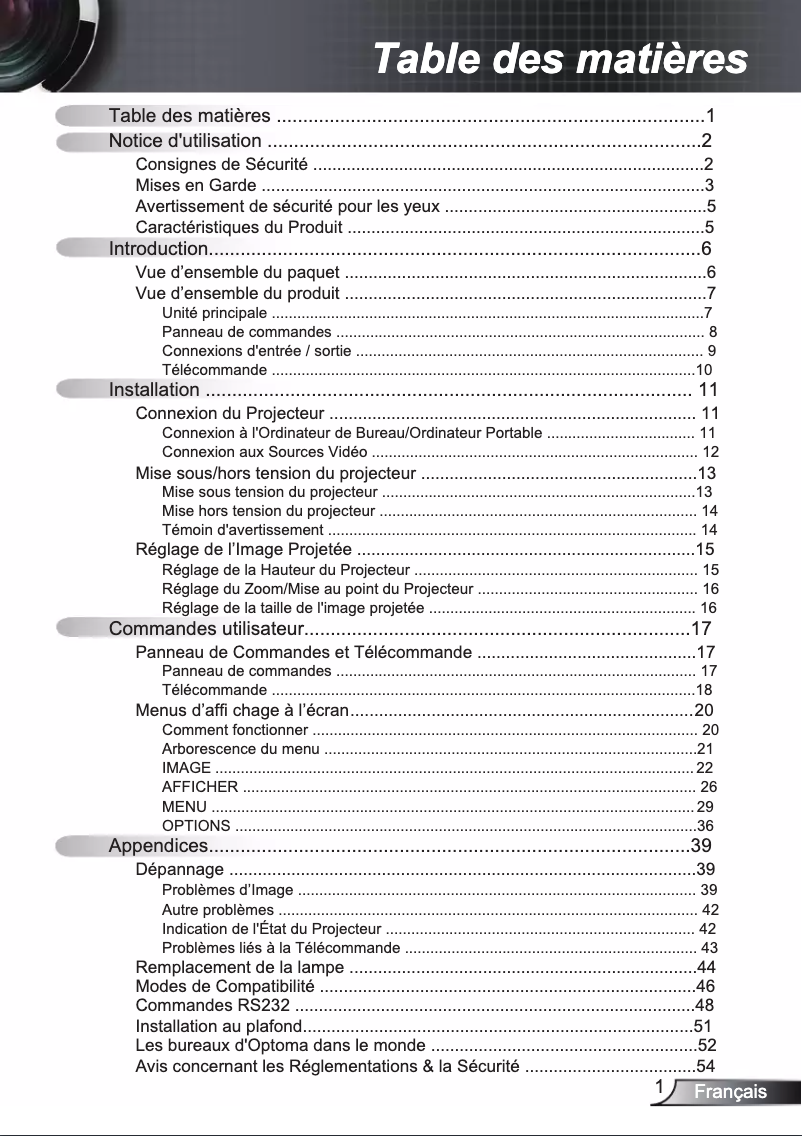 Page n°1 - Manuel utilisateur Optoma EX538