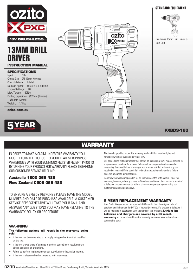 Page 1 de la notice Manuel utilisateur Ozito PXBDS-180