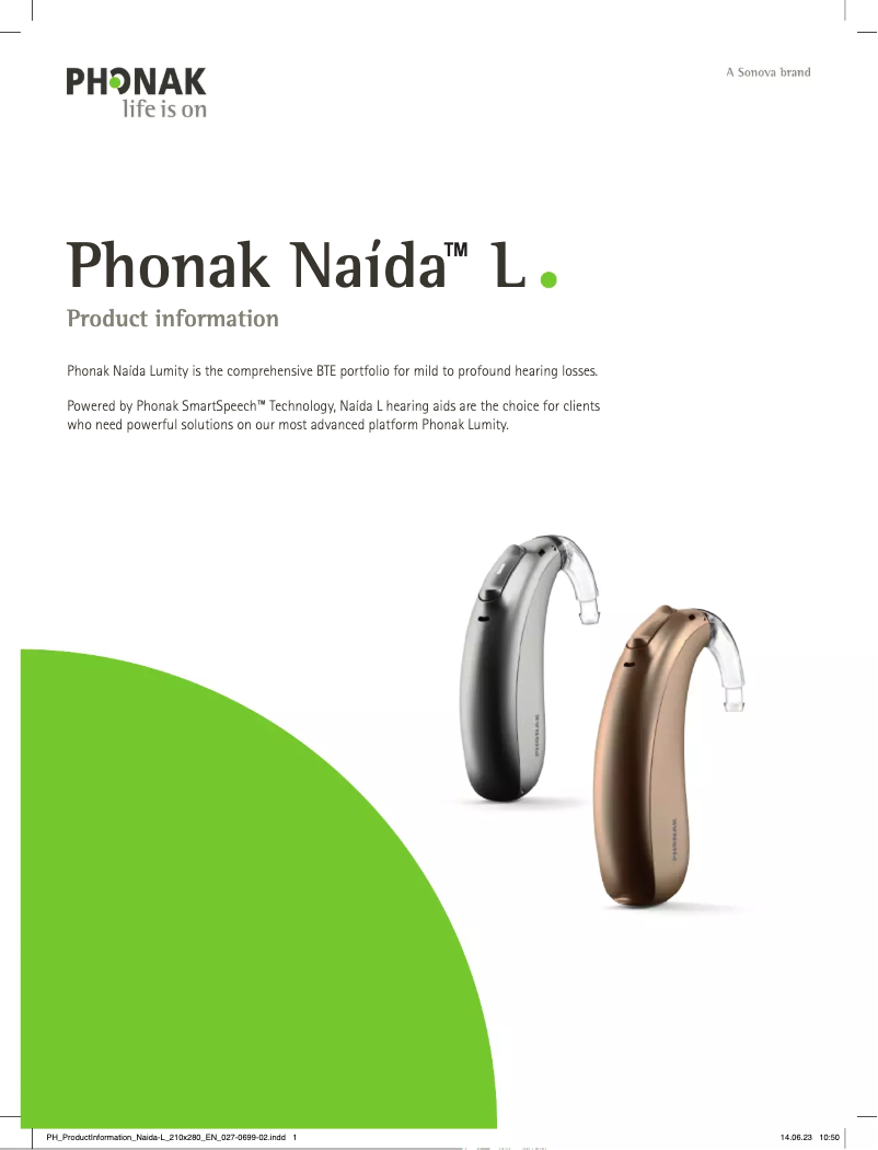 Page 1 de la notice Fiche technique Phonak Naída L-PR