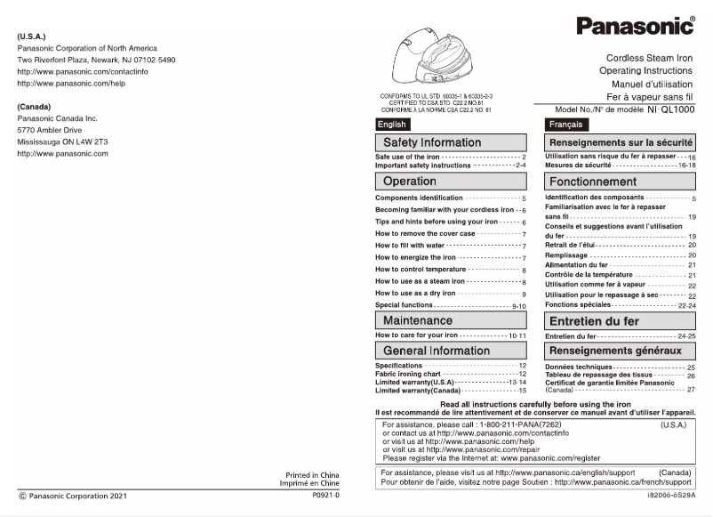 Page 1 de la notice Manuel utilisateur Panasonic NI-QL1000
