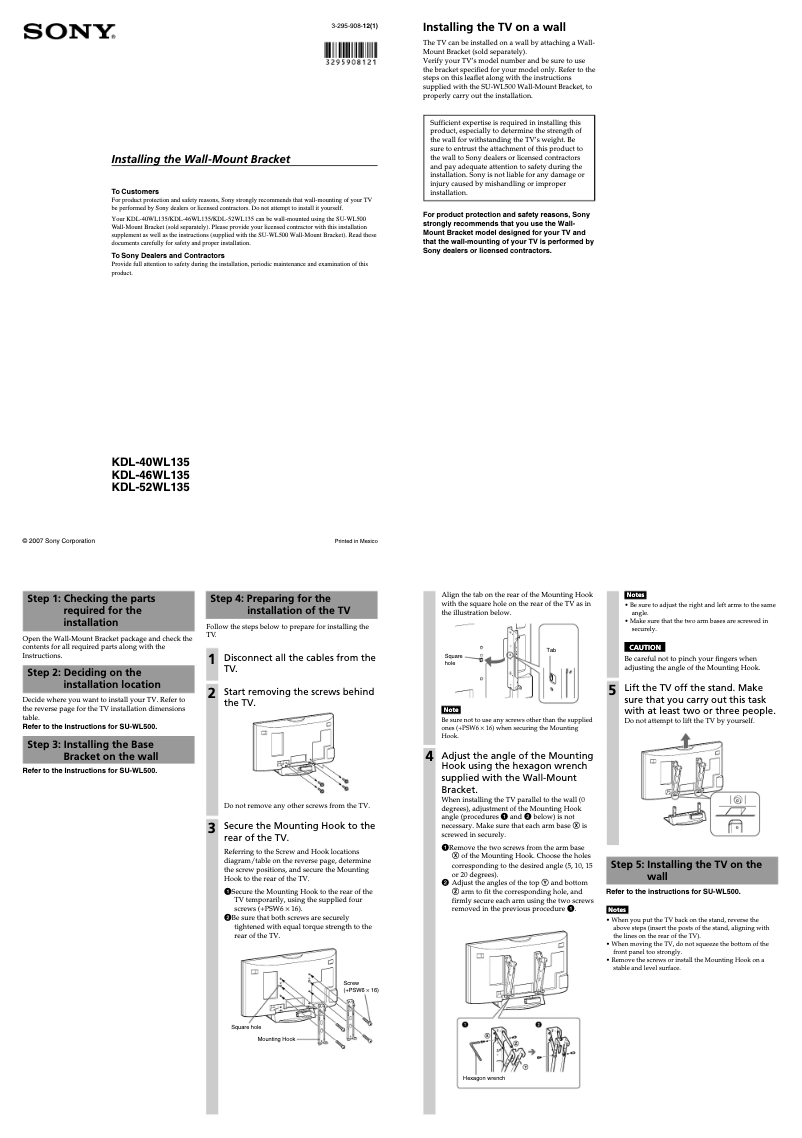 Page 1 de la notice Guide d'installation Sony Bravia KDL-46WL135