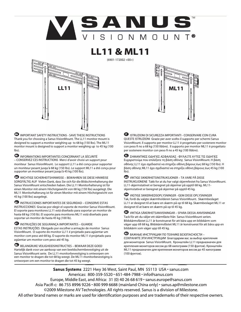 Page n°1 - Manuel utilisateur Sanus VisionMount ML11