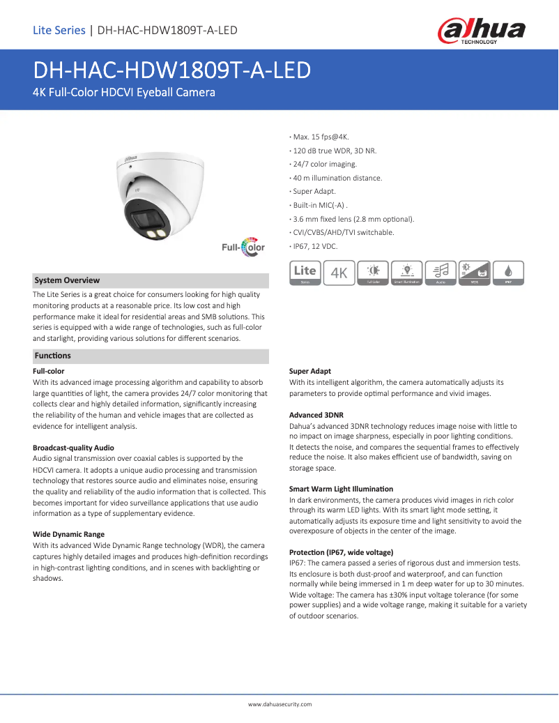 Page 1 de la notice Fiche technique Dahua Technology HAC-HDW1809T-A-LED
