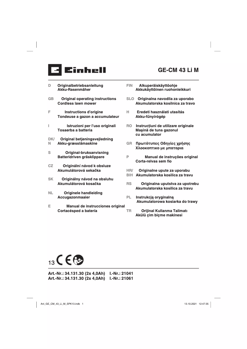 Page 1 de la notice Manuel utilisateur Einhell GE-CM 43 Li M Kit