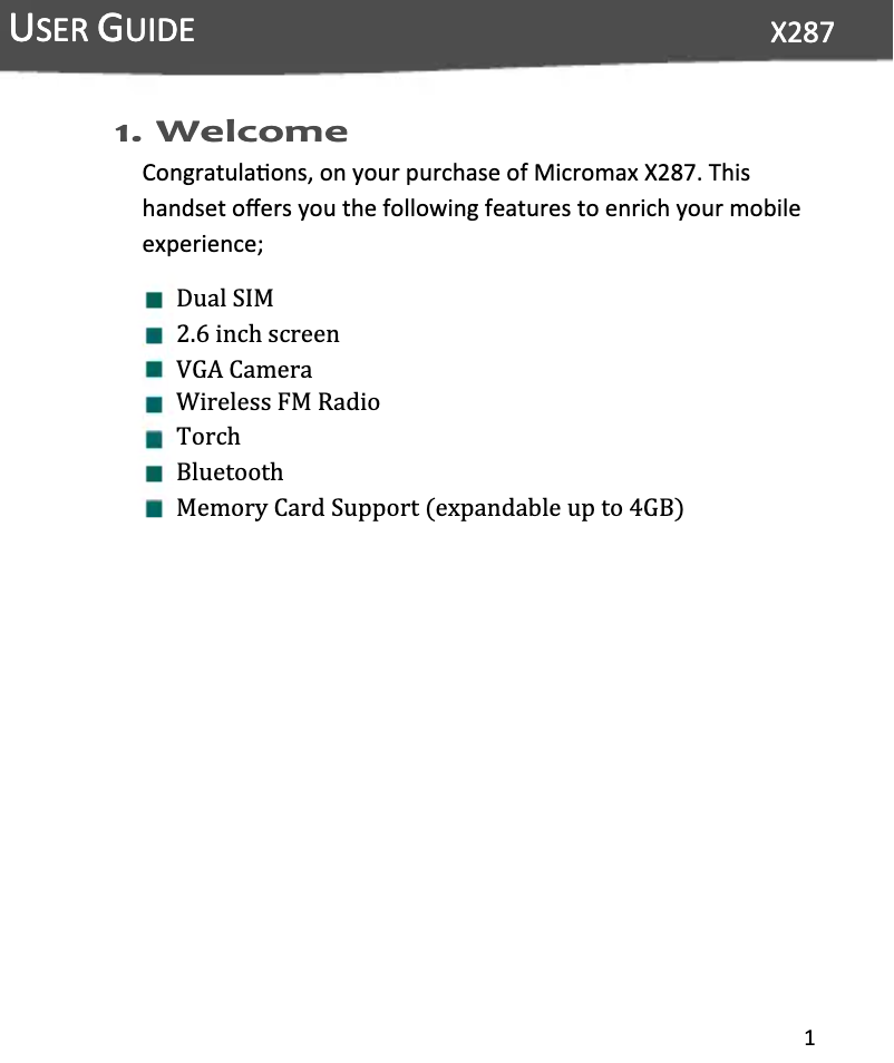Page n°1 - Manuel utilisateur Micromax X287