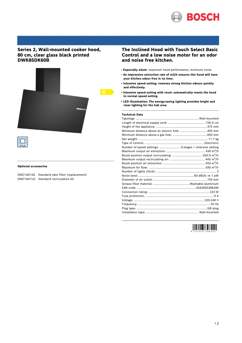 Page 1 de la notice Fiche technique Bosch DWK85DK60B
