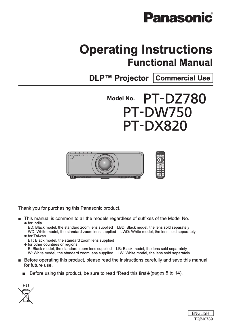 Page 1 de la notice Manuel utilisateur Panasonic PT-DX820