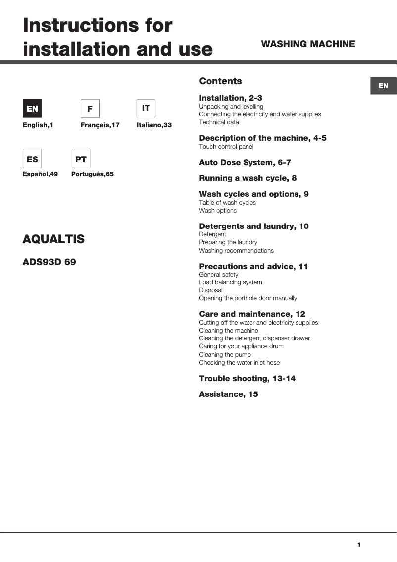 Image de la première page du manuel de l'appareil Aqualtis ADS93D 69 EU/A
