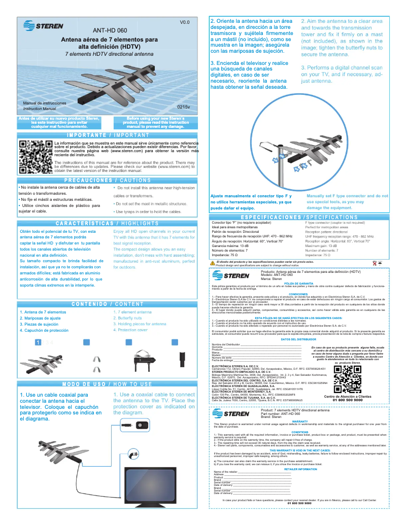 Imagen de la primera página del manual del dispositivo ANT-HD 060
