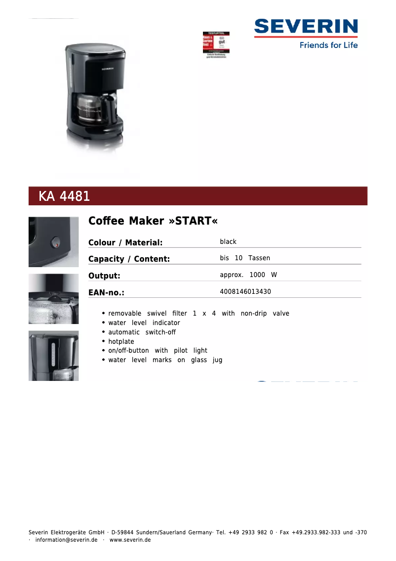 Page 1 de la notice Fiche technique Severin KA 4481