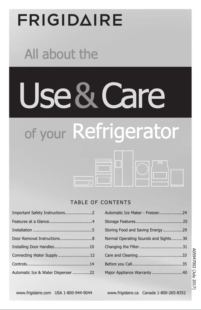 Page n°1 - Manuel d'utilisation et d'entretien Frigidaire FFHG2250T