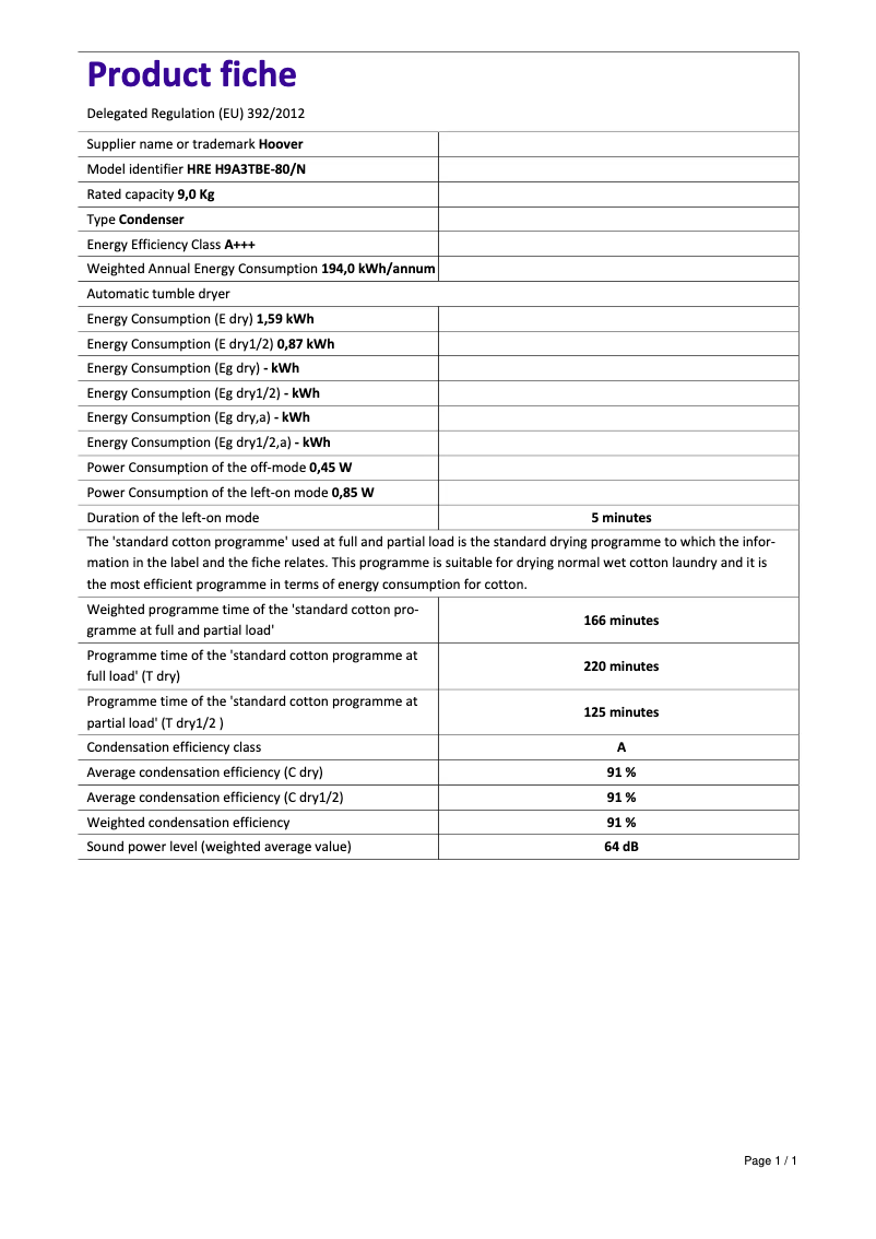 Page n°1 - Fiche technique Hoover HRE H9A3TBE-80/N