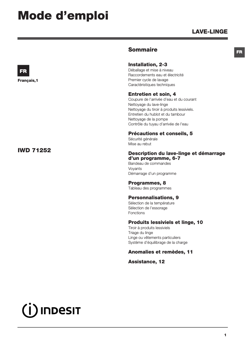Page n°1 - Manuel utilisateur Indesit IWD 71252 S C FR