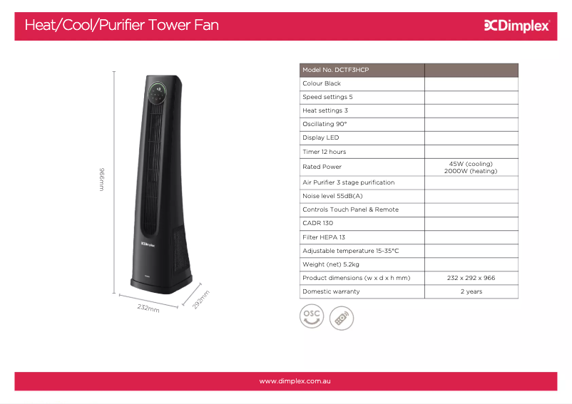 Page n°1 - Fiche technique Dimplex DCTF3HCP