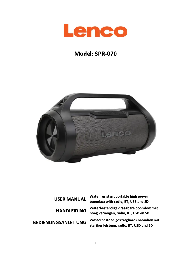 Page n°1 - Manuel utilisateur Lenco SPR-070