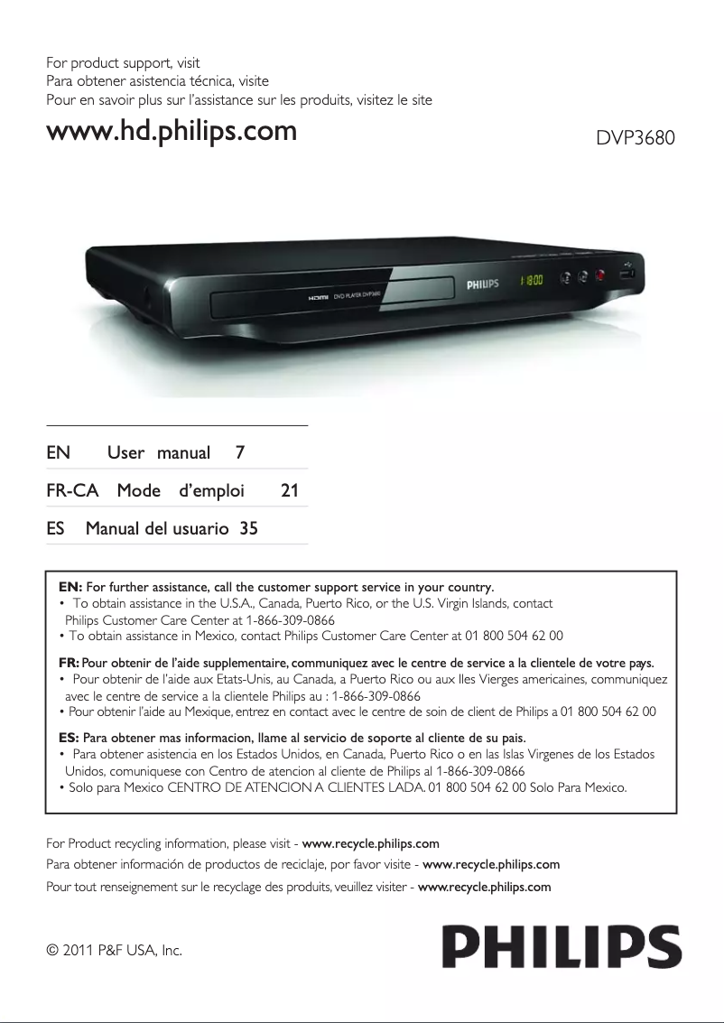 Page 1 de la notice Manuel utilisateur Philips DVP3680