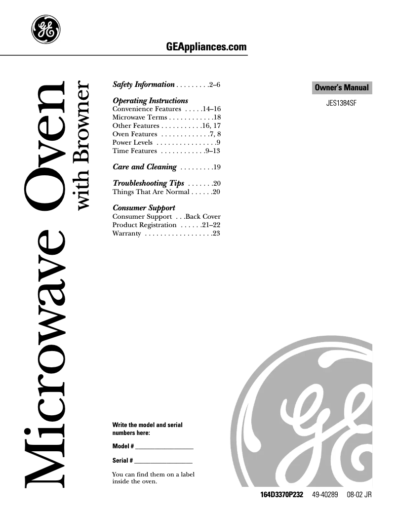 Page n°1 - Manuel utilisateur GE JES1384SF