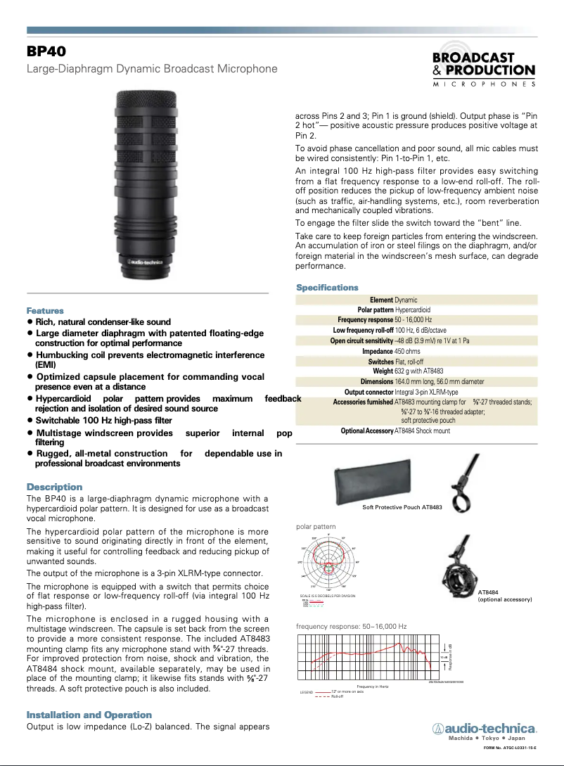Page 1 de la notice Manuel utilisateur Audio-Technica BP40