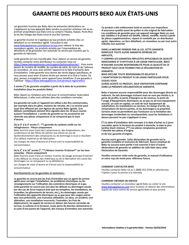 Page 1 de la notice Informations de garantie Beko BCTG36500SS