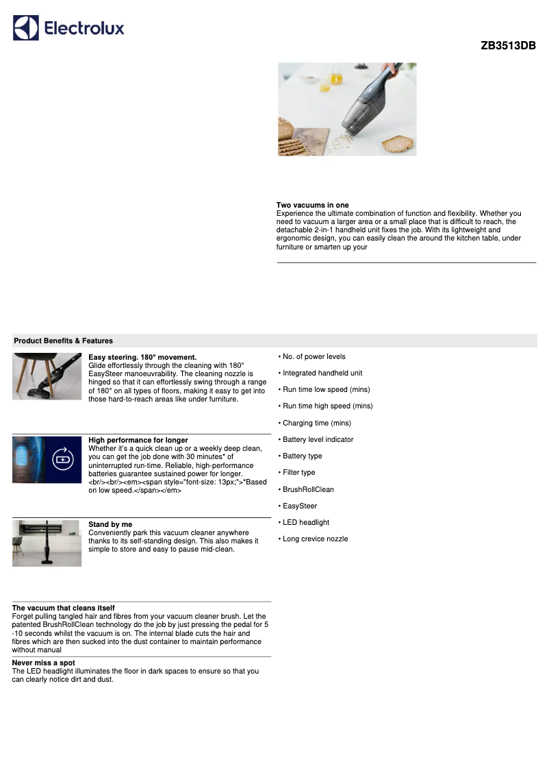 Page 1 de la notice Fiche technique Electrolux ZB3513DB