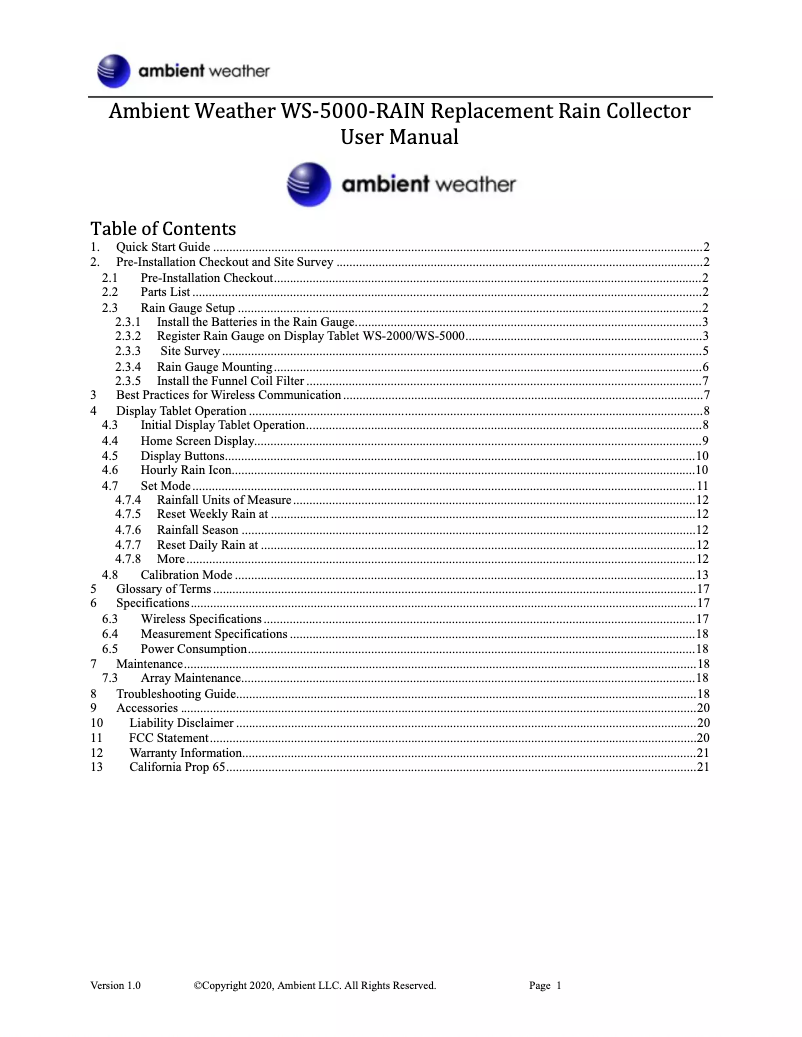 Page 1 de la notice Manuel utilisateur Ambient Weather WS-5000-RAIN
