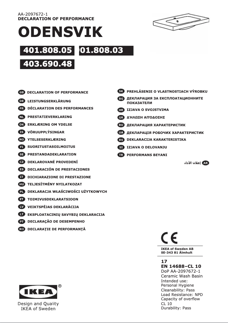 Page 1 de la notice Manuel utilisateur Ikea ODENSVIK 401.808.05