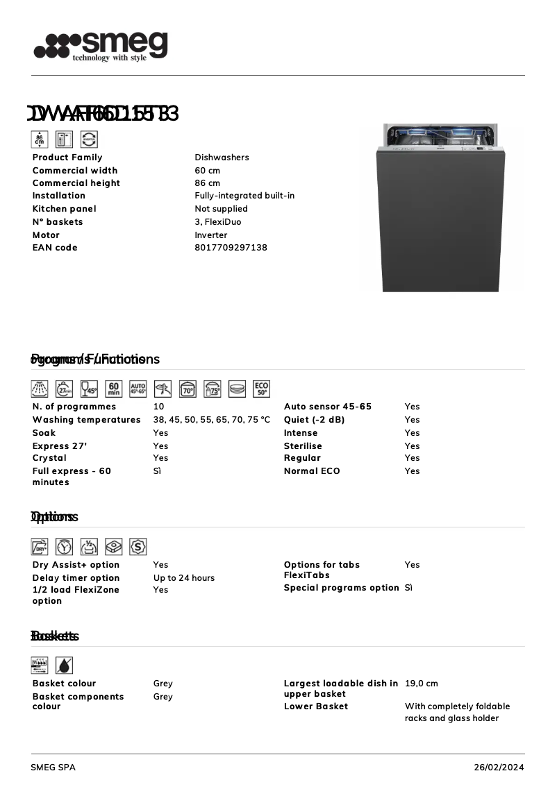 Page 1 de la notice Fiche technique Smeg DWAFI6D15T3