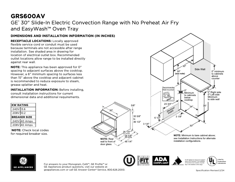 Page 1 of the manual Technical Sheet GE GRS600AVWW