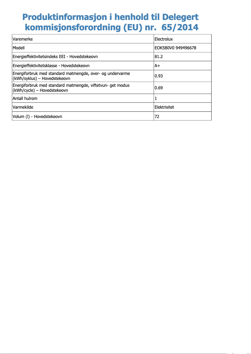 Page 1 de la notice Fiche technique Electrolux EOK5B0V0