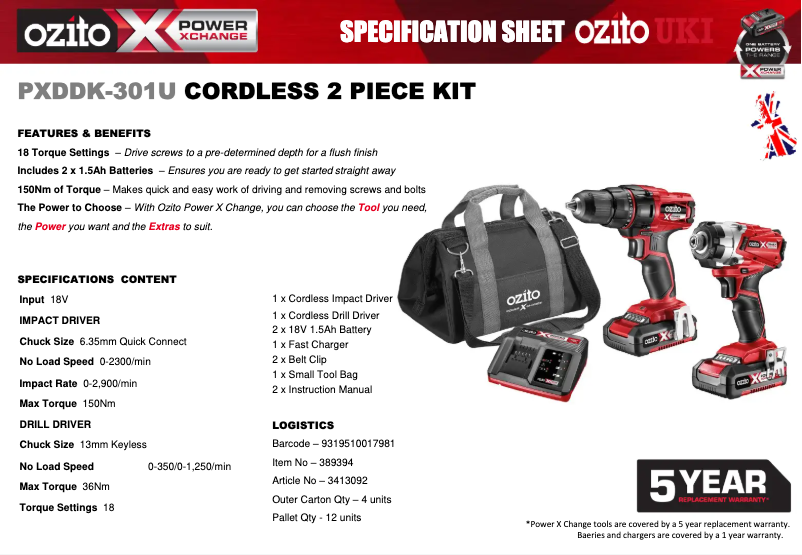 Page 1 de la notice Fiche technique Ozito PXDDK-301U