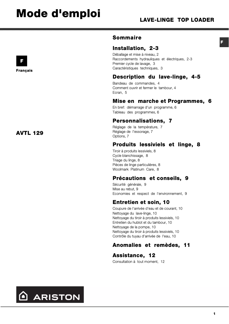 Page 1 de la notice Manuel utilisateur Ariston Thermo AVTL129