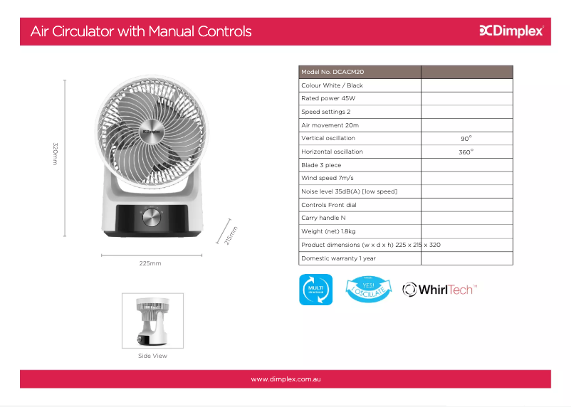 Page 1 de la notice Fiche technique Dimplex DCACM20