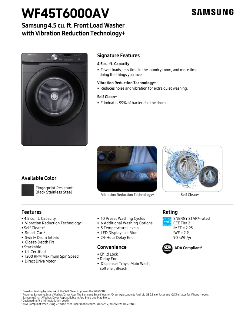 Page 1 de la notice Fiche technique Samsung WF45T6000AV