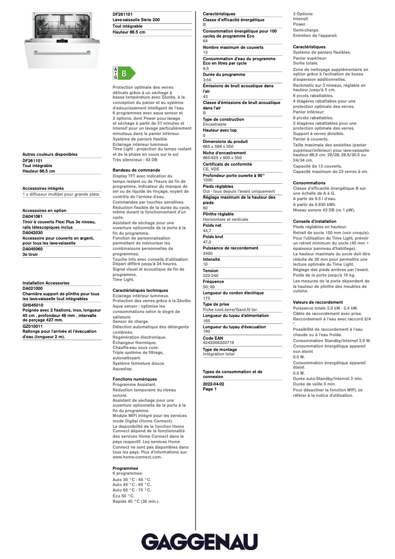 Page 1 de la notice Fiche technique Gaggenau DF261101