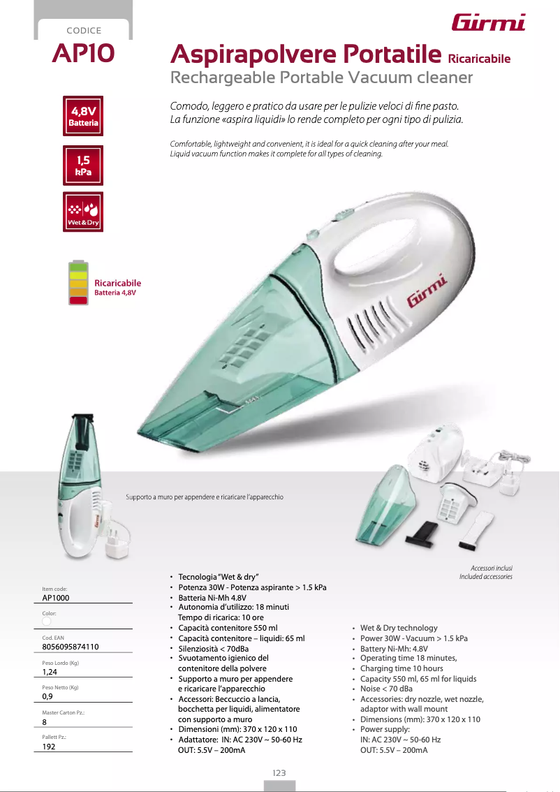 Page 1 de la notice Fiche technique Girmi AP10