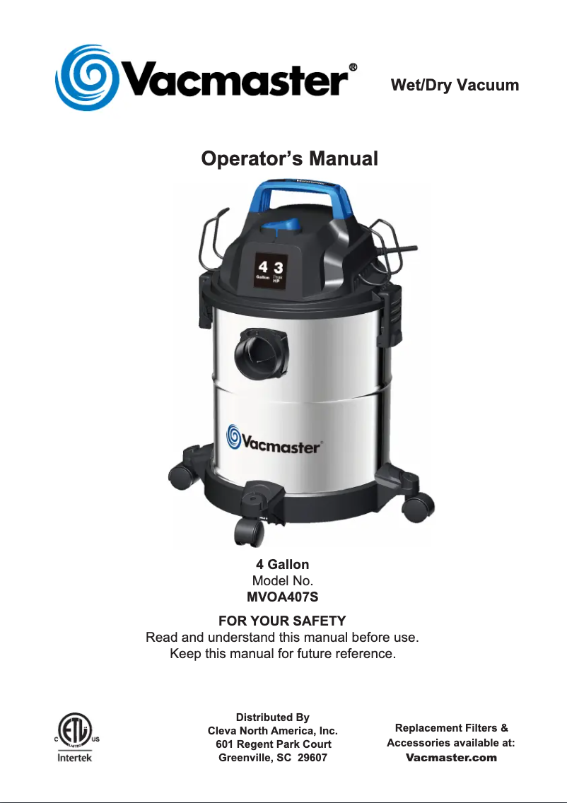 Page n°1 - Manuel utilisateur Vacmaster MVOA407S