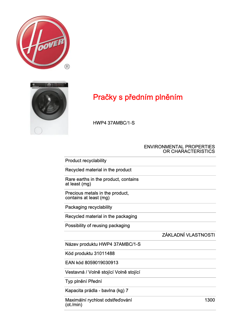 Page n°1 - Fiche technique Hoover H-WASH 500 HWP4 37AMBC/1-S