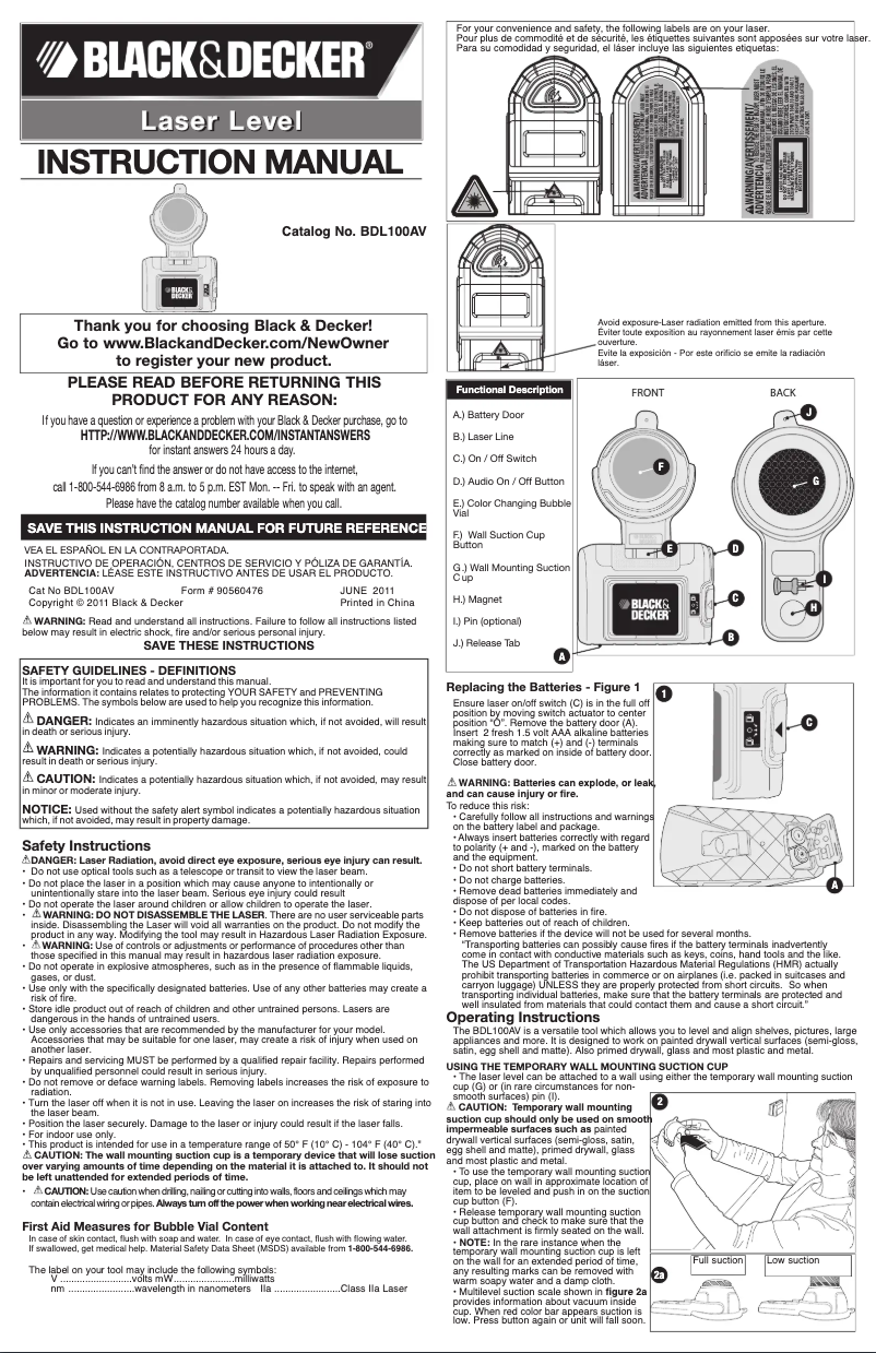 Page 1 de la notice Manuel utilisateur Black & Decker BDL100AV