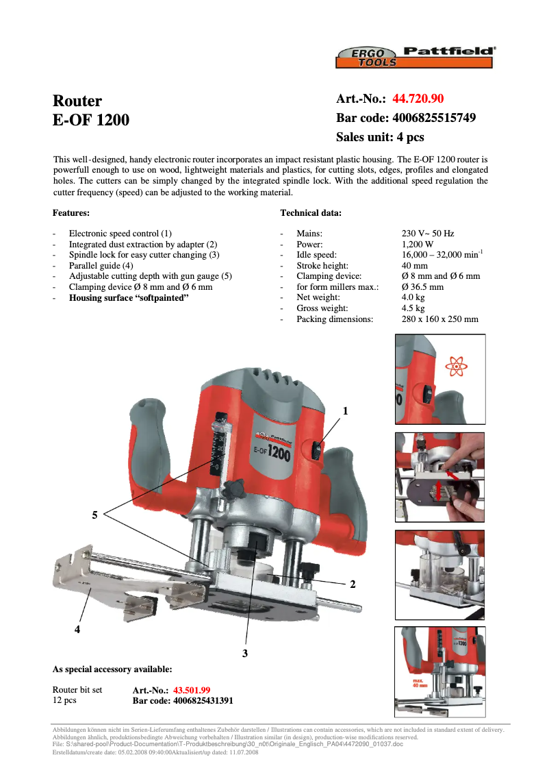 Page n°1 - Manuel utilisateur Ergotools Pattfield E-OF 1200